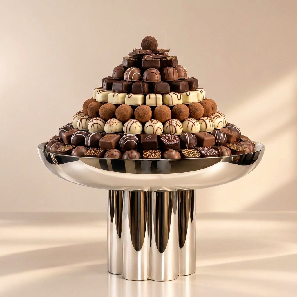Coupe argentée avec une montagne de chocolats sur fond beige chaleureux