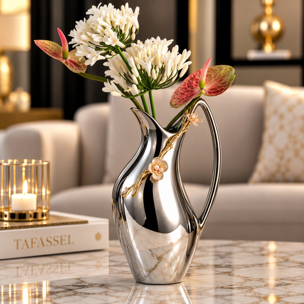 Vase argenté avec ornements dorés et bouquet de fleurs