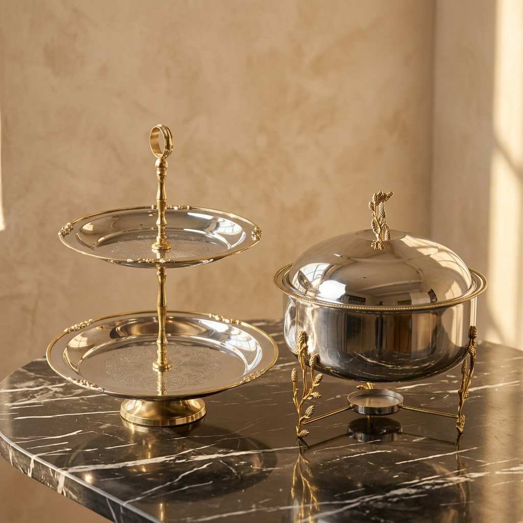 Plateaux et coupes TAFASSEL sur table en marbre