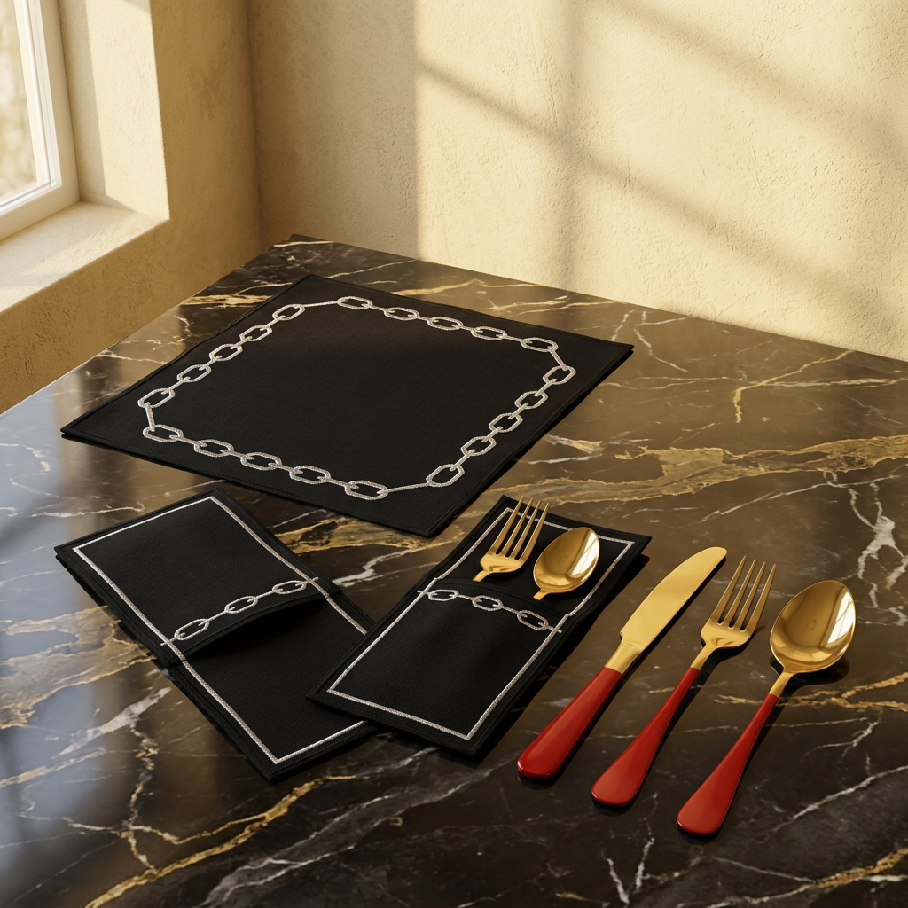 Set de table noir et couverts rouge et or TAFASSEL