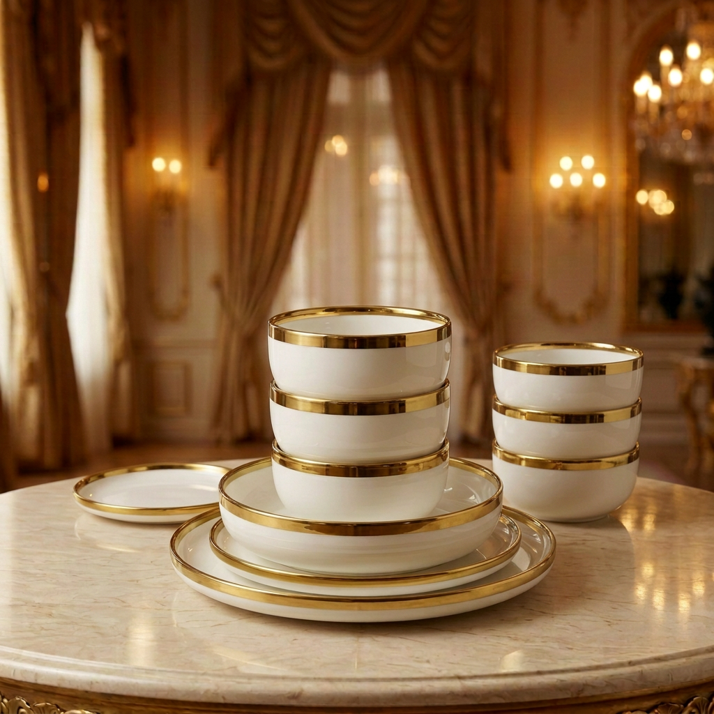 ROYAL VAISSELLE TAFASSEL, service en porcelaine blanche et or