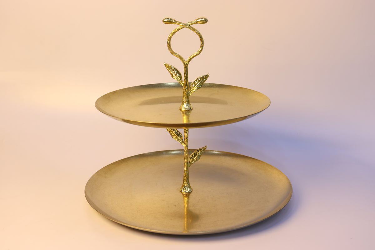 Présentoir à Deux Niveaux Doré Sculptural – Collection Élégance