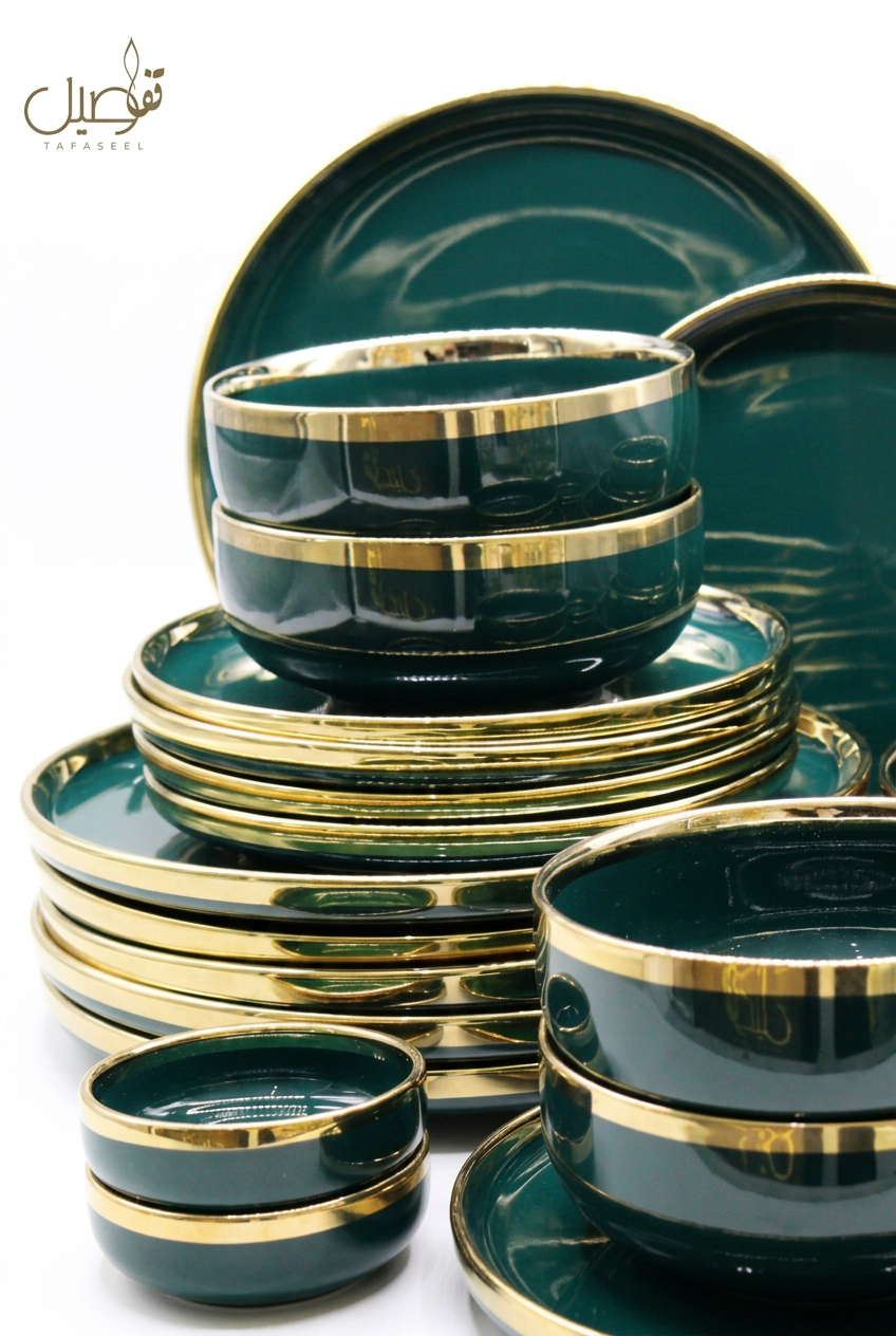 Service porcelaine verte et dorée 27 pièces – TAFASSEL