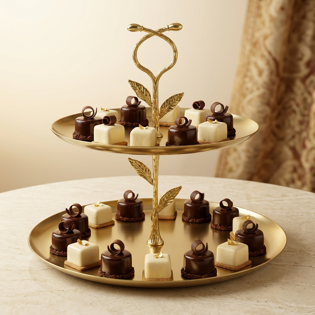 Gold two-tier rack styled with luxury chocolate cakes and petits fours