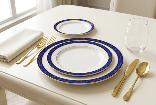 Service d’assiettes 18 pièces blanc et bleu – TAFASSEL