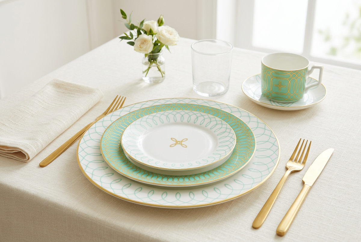 Service de table 30 pièces vert menthe et or – TAFASSEL