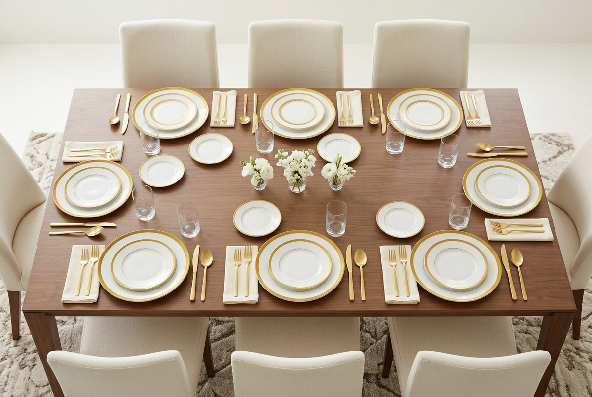 Mockup para seis con platos blancos y aros dorados