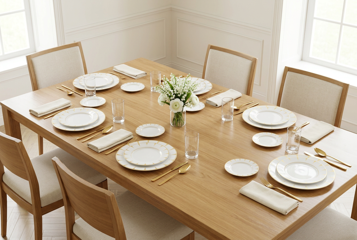 Mockup para seis con platos blancos y puntas doradas