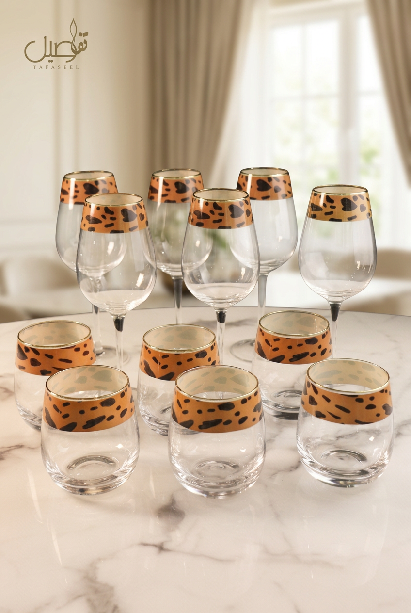 Pack de 12 verres à motif léopard dans un intérieur ivoire