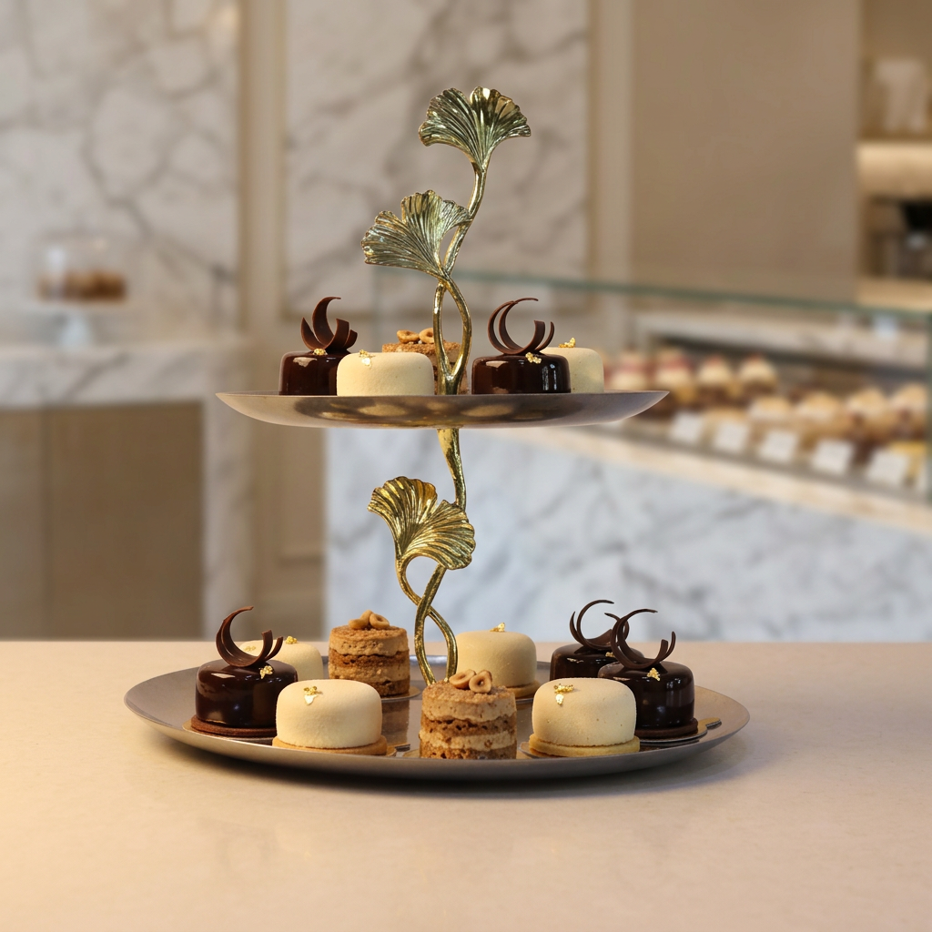 Two-tier stand styled with luxury modern pâtisserie cakes