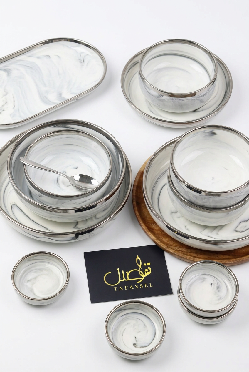 Service de table porcelaine effet marbre 27 pièces – photo 2 | TAFASSEL